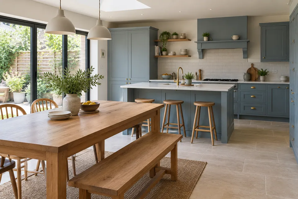 family kitchen with muted blue units and timber dining bench