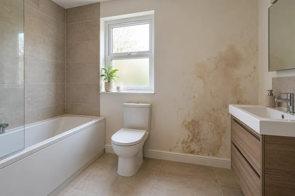 empty bathroom with stain on adjacent plaster wall