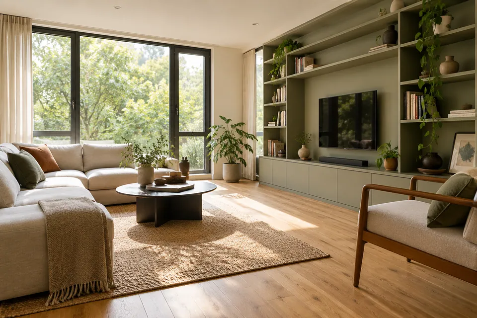 Existing apartment living room with oak flooring