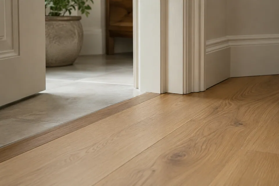 Oak floor threshold at an apartment doorway