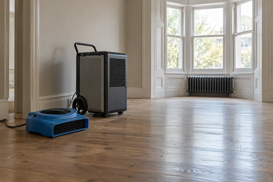 Air mover and dehumidifier safely placed in an empty room