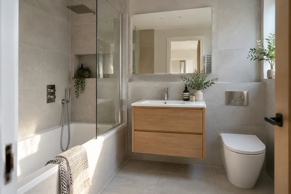 Finished apartment bathroom with pale tiles