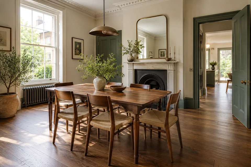 airy period dining room with walnut floor and green doors