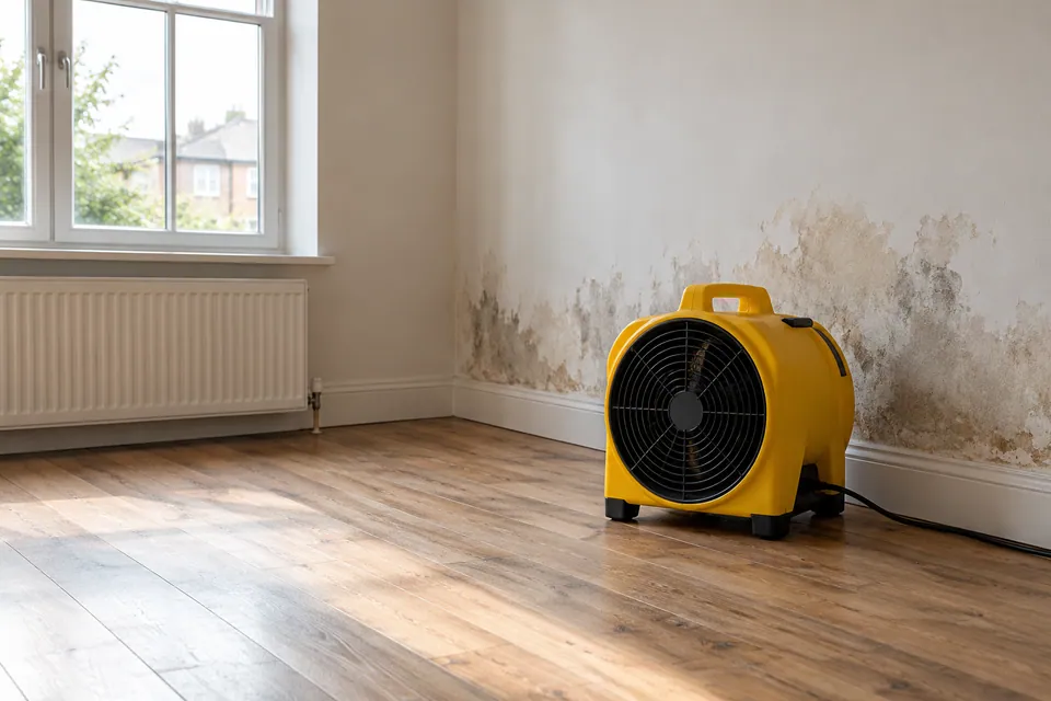 portable drying fan beside damp wall in vacant room