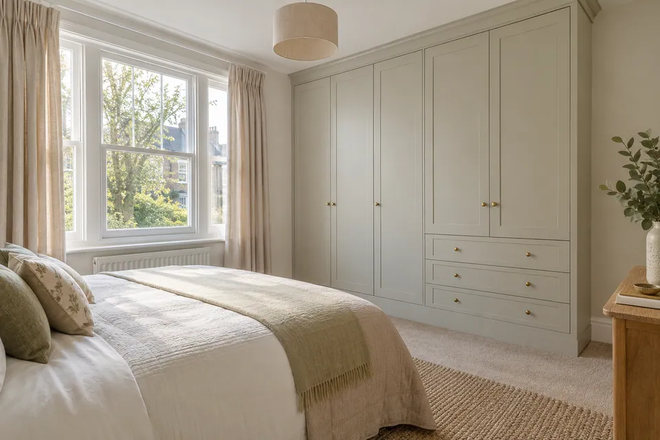 finished pale bedroom with fitted cupboard