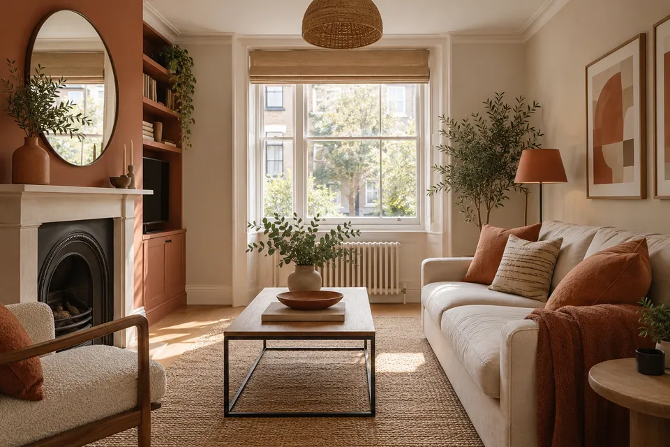 compact flat sitting room with terracotta accents