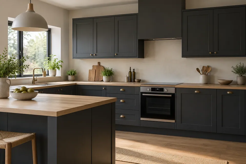 charcoal cabinetry and pale wooden countertop