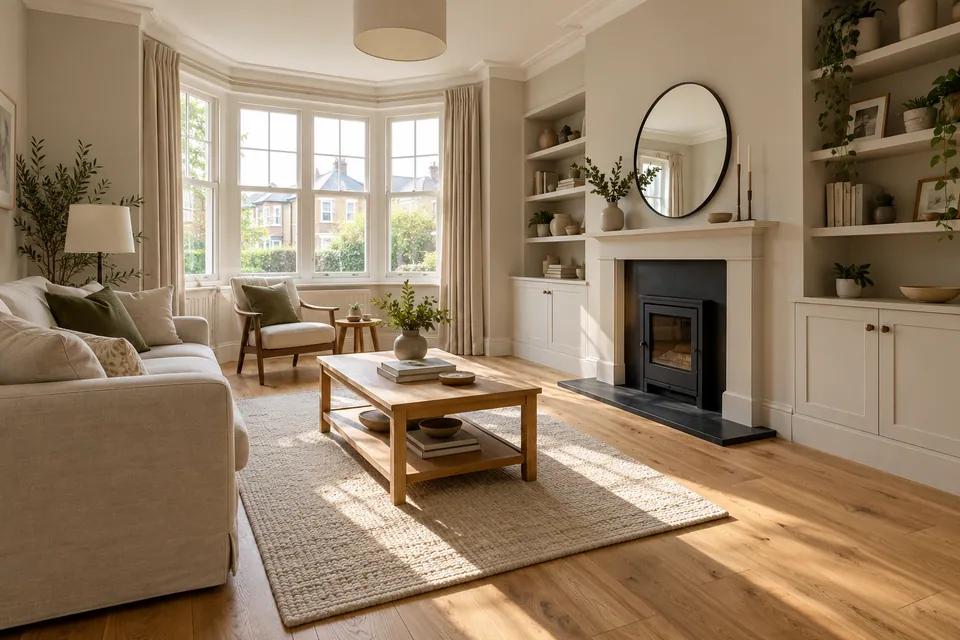 refinished living room with oak floor