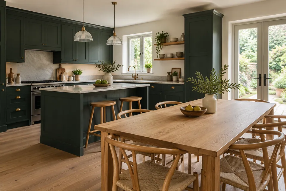 family house kitchen with deep green cabinets and oak table