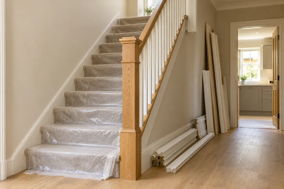 covered carpeted stair and stored trim