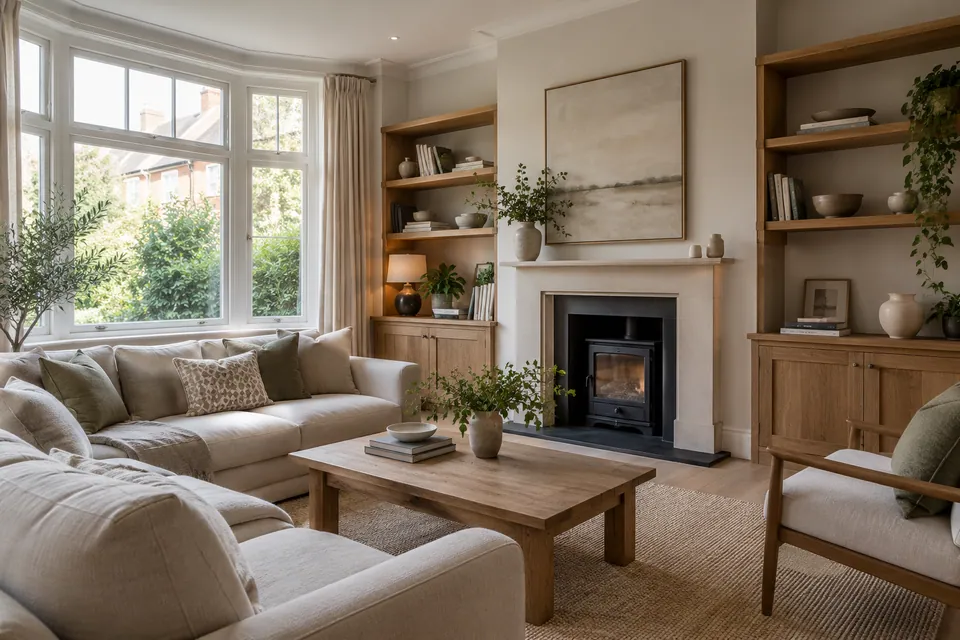finished neutral living room with timber shelves