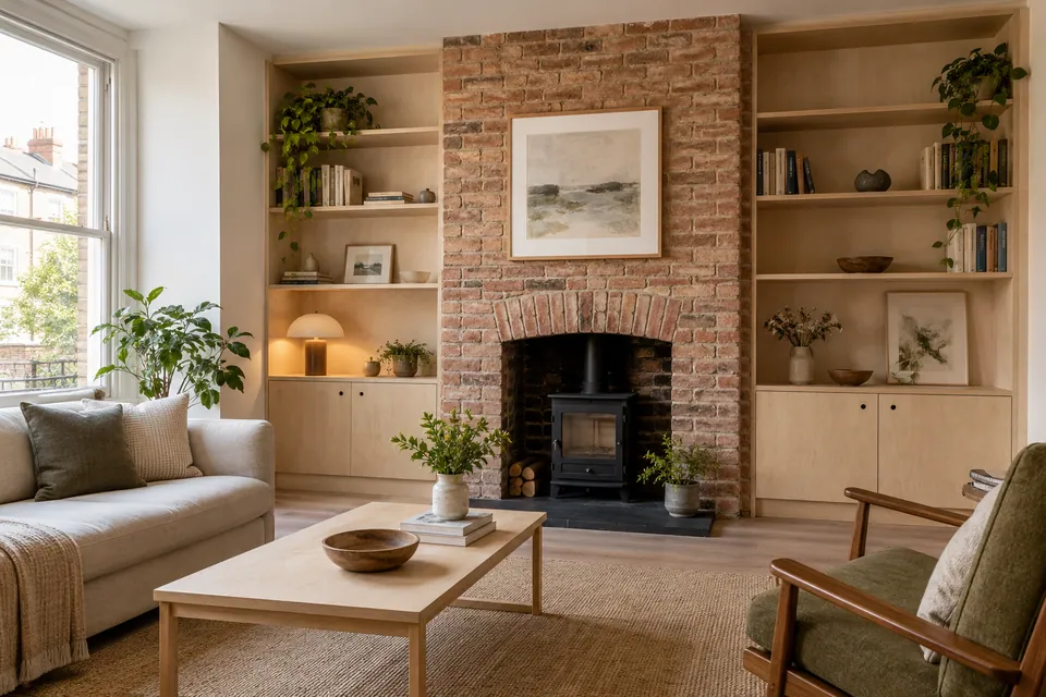converted flat with brick fireplace and birch shelving