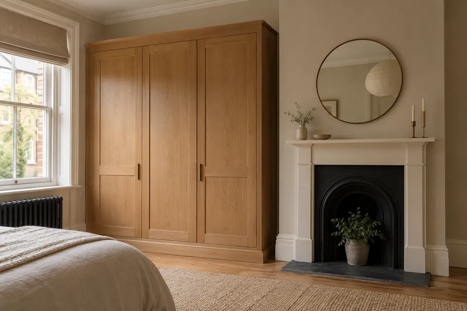 oak wardrobe beside retained chimney breast