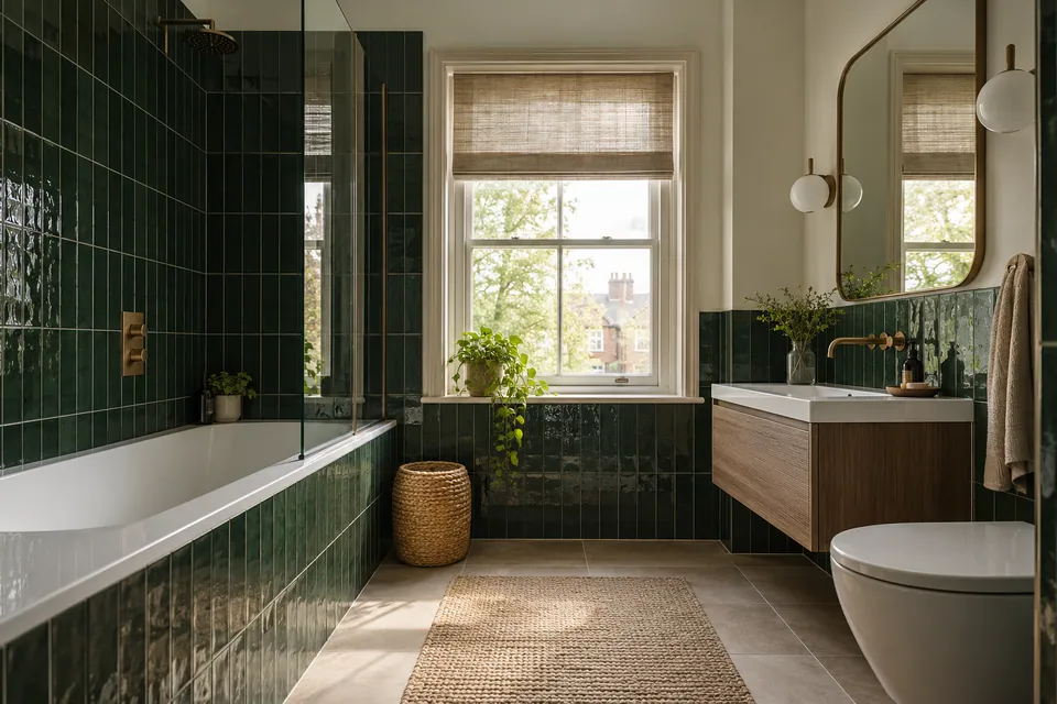 completed dark green tiled bathroom