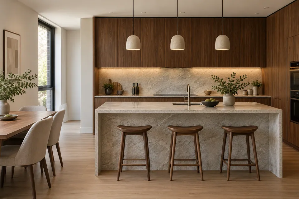 modern apartment kitchen with walnut and stone finishes no skyline