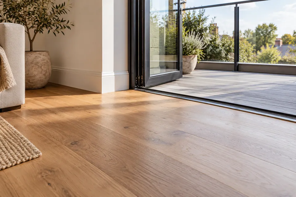 engineered oak floor and balcony door threshold