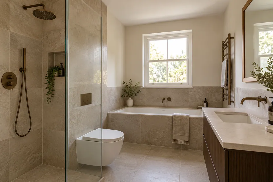 finished apartment bathroom with dark bronze fittings