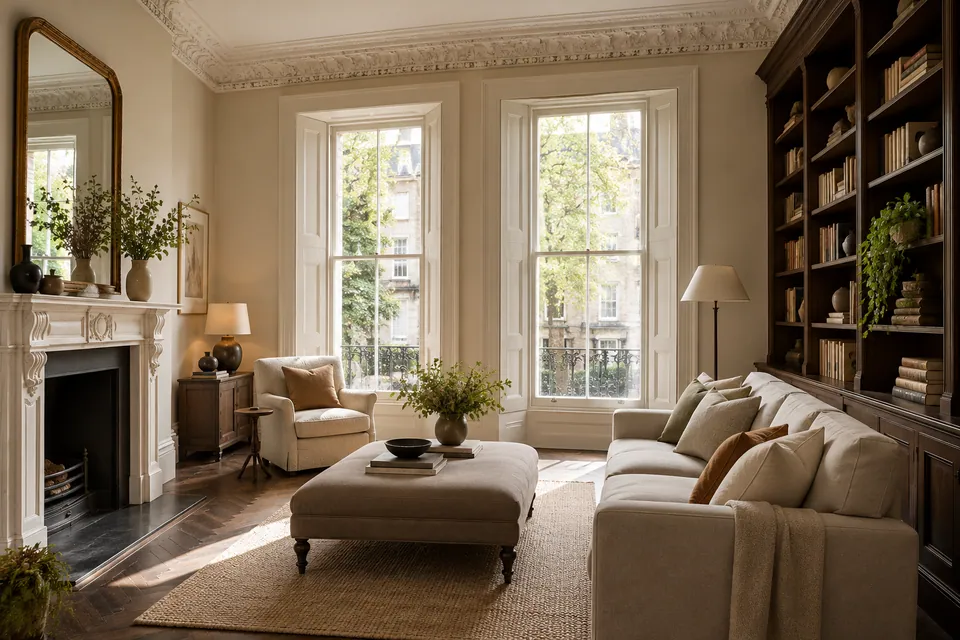 Period apartment sitting room with retained cornice