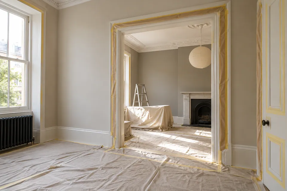 Masked door trim and protected floor before decorating