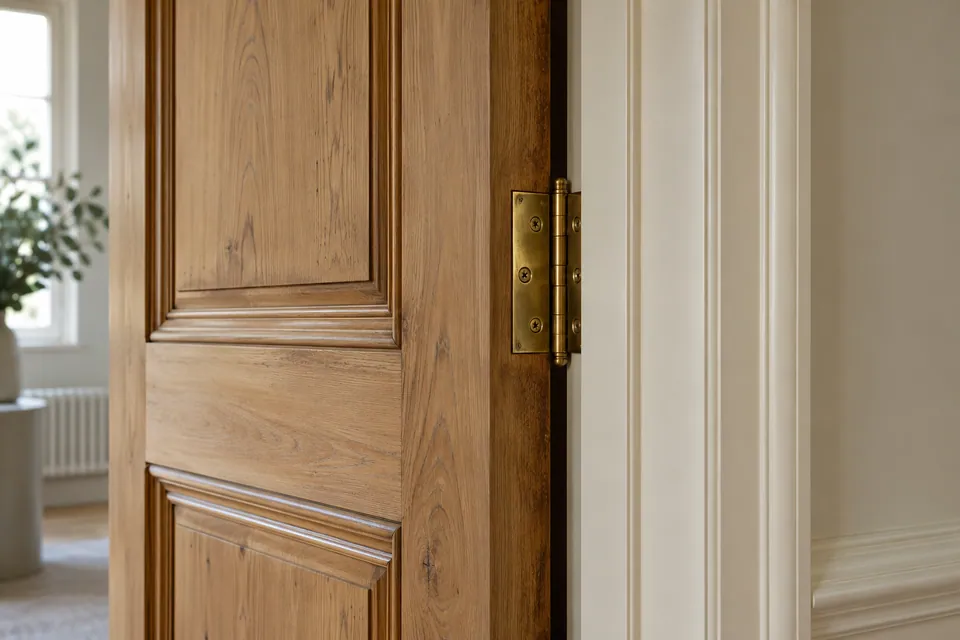 Timber door with brass hinge and painted architrave