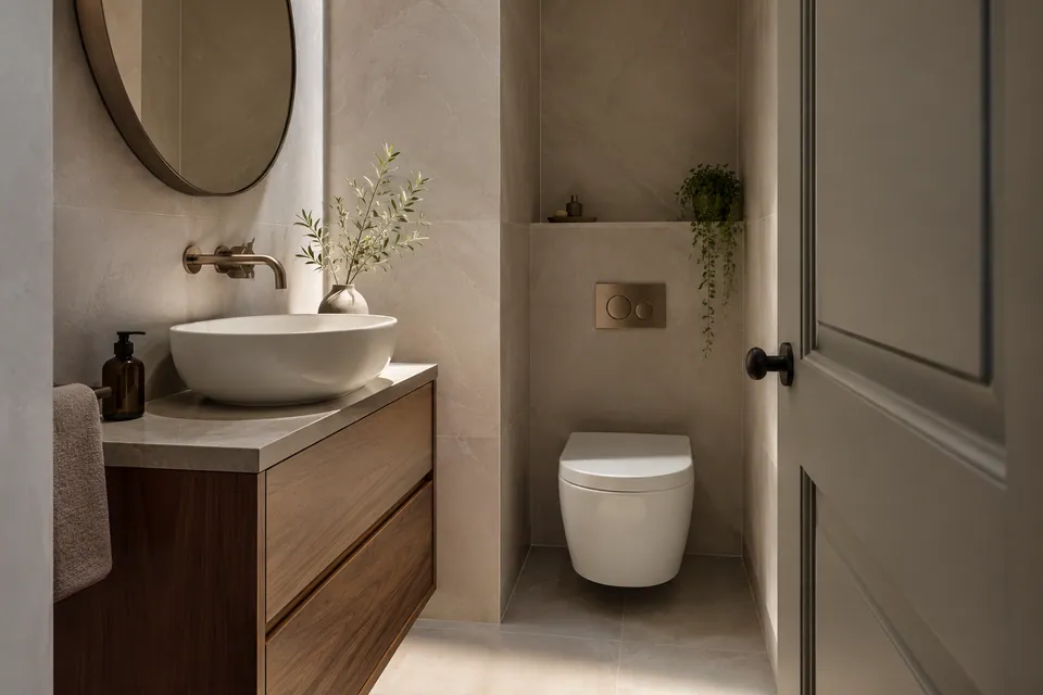 Small bathroom with neutral porcelain and timber vanity