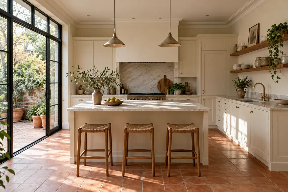 terrace kitchen with terracotta floor and ivory cabinetry