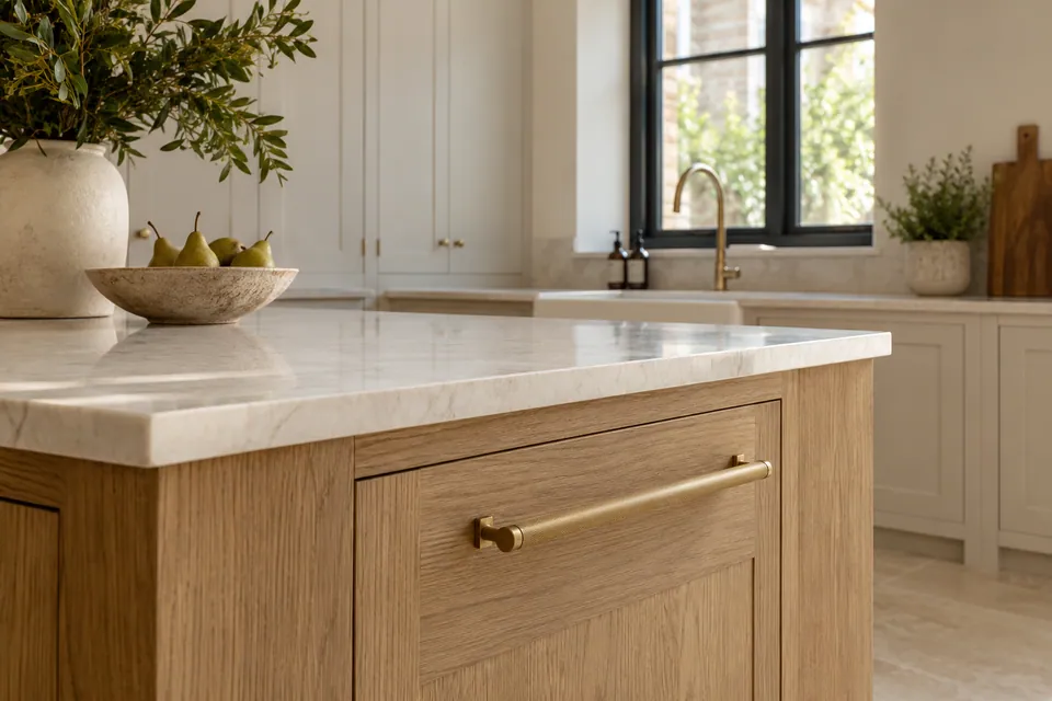 oak kitchen island corner and brass handle