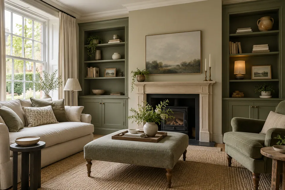 finished sitting room with muted olive joinery