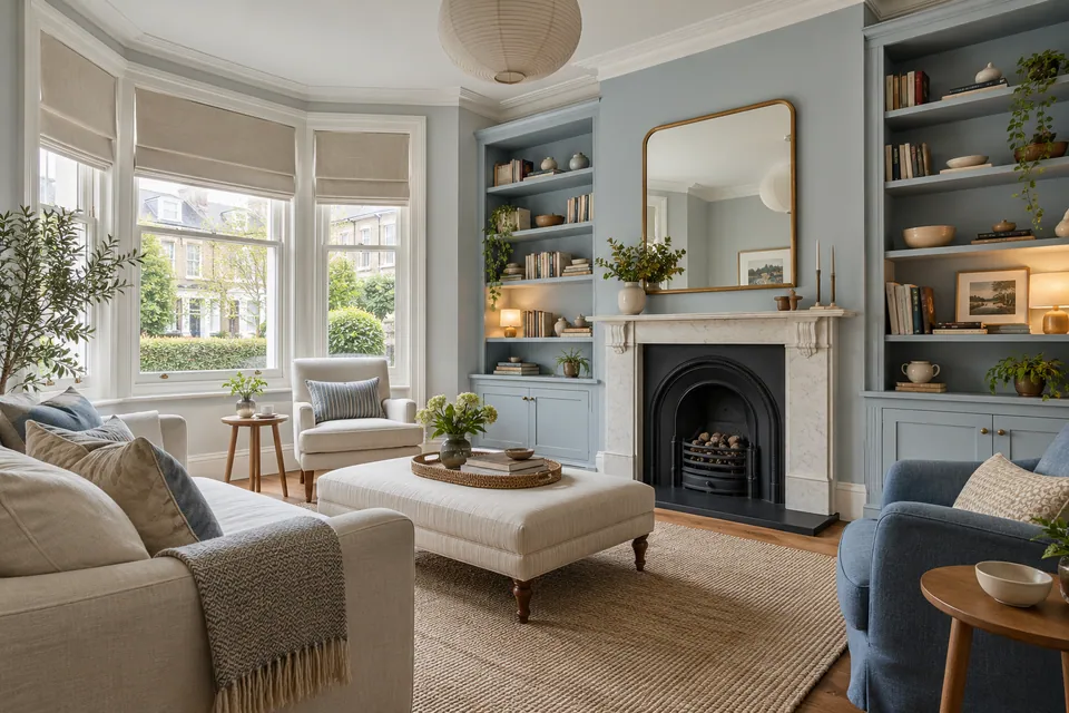 terrace living room with pale blue built-in shelves and large bay