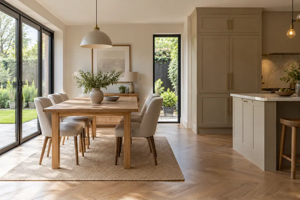 Kitchen and dining room with timber table
