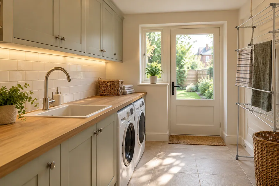 Utility room with sink and laundry appliances