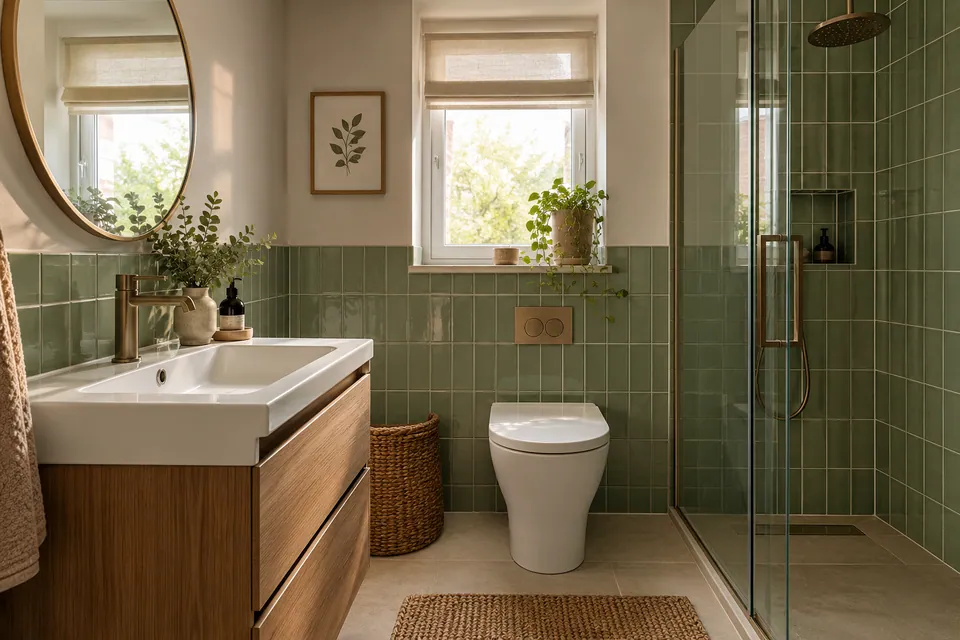 small bathroom with sage tiles