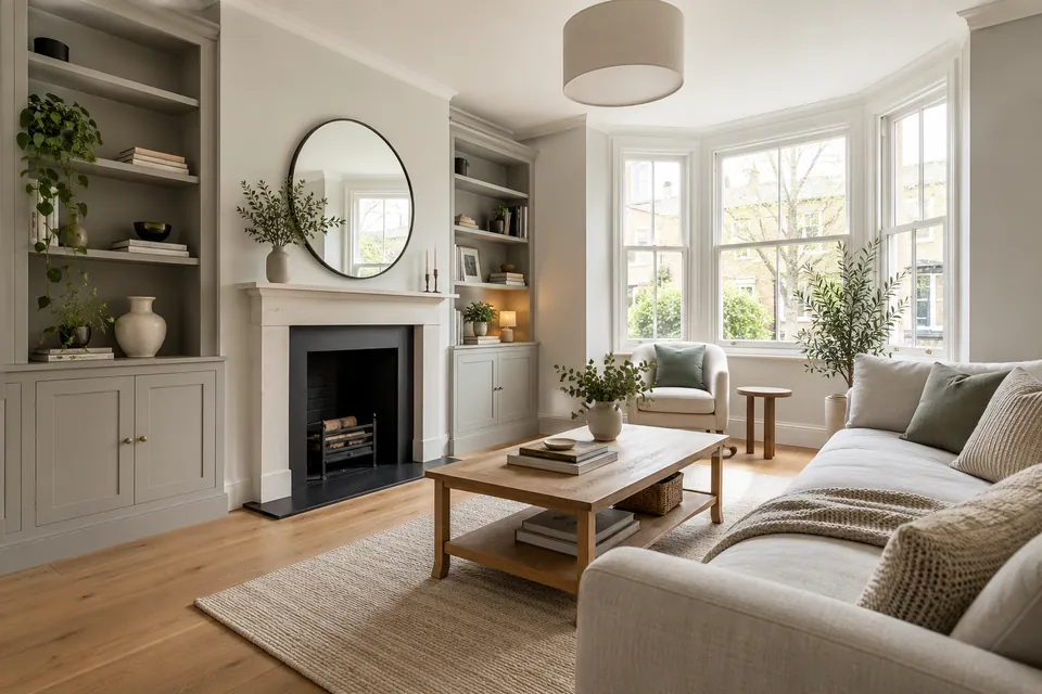 apartment living room with pale grey joinery and oak floor
