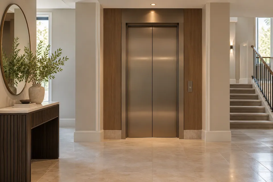 Apartment lift entrance beside an internal staircase
