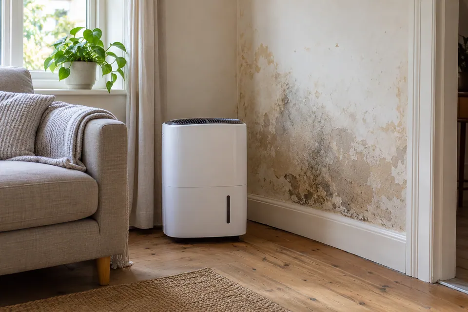 dehumidifier beside exposed stained plaster