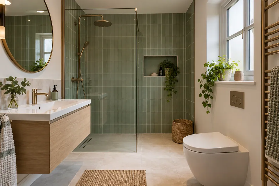 finished shower room with sage tile