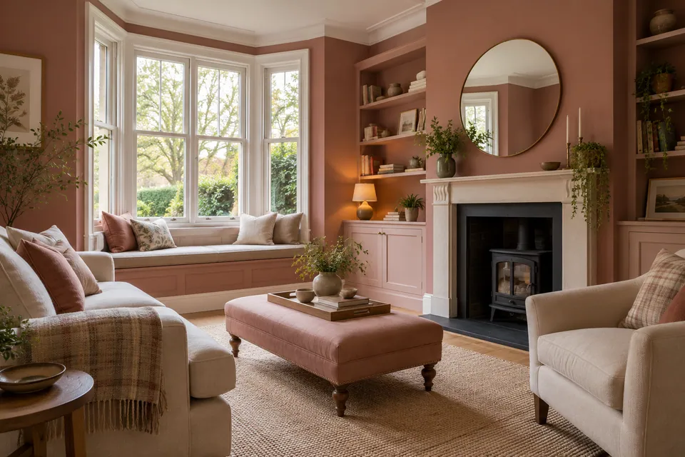 warm family room with window seat and dusty rose walls