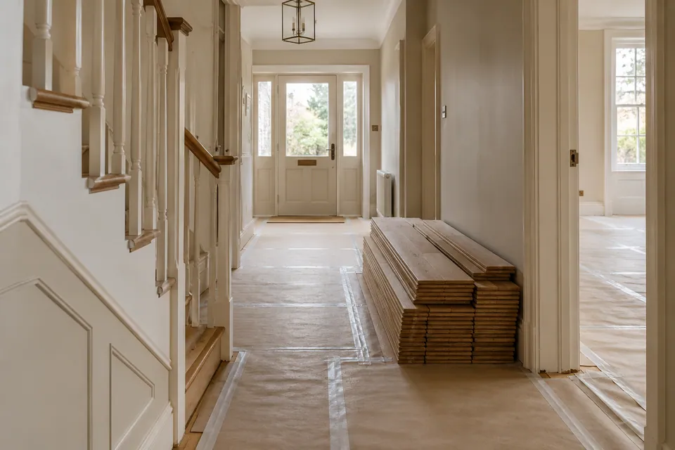 protected hallway and stacked flooring boards