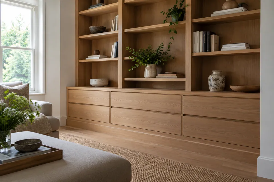 hand-finished oak shelving and cabinet drawers