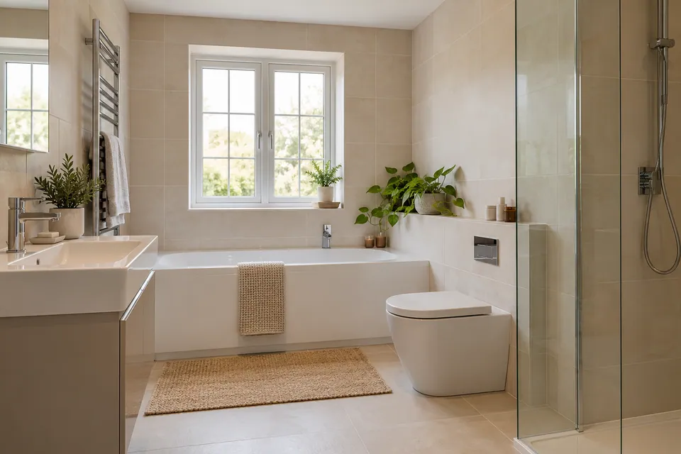 cream tiled family bathroom
