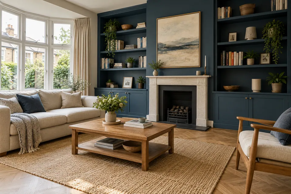 family sitting room with oak parquet and deep blue shelving