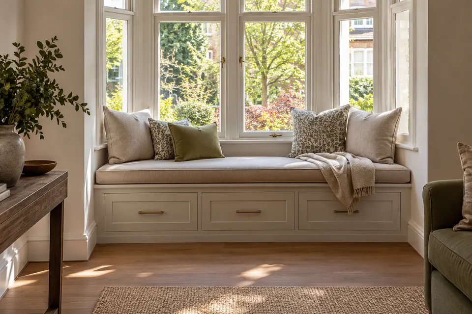Fitted window seat with storage drawers