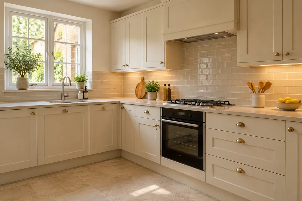 cream kitchen with tile splashback