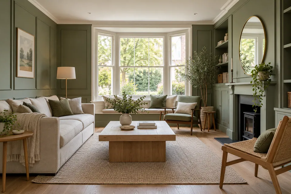 family house sitting room with pale wood and green panelling