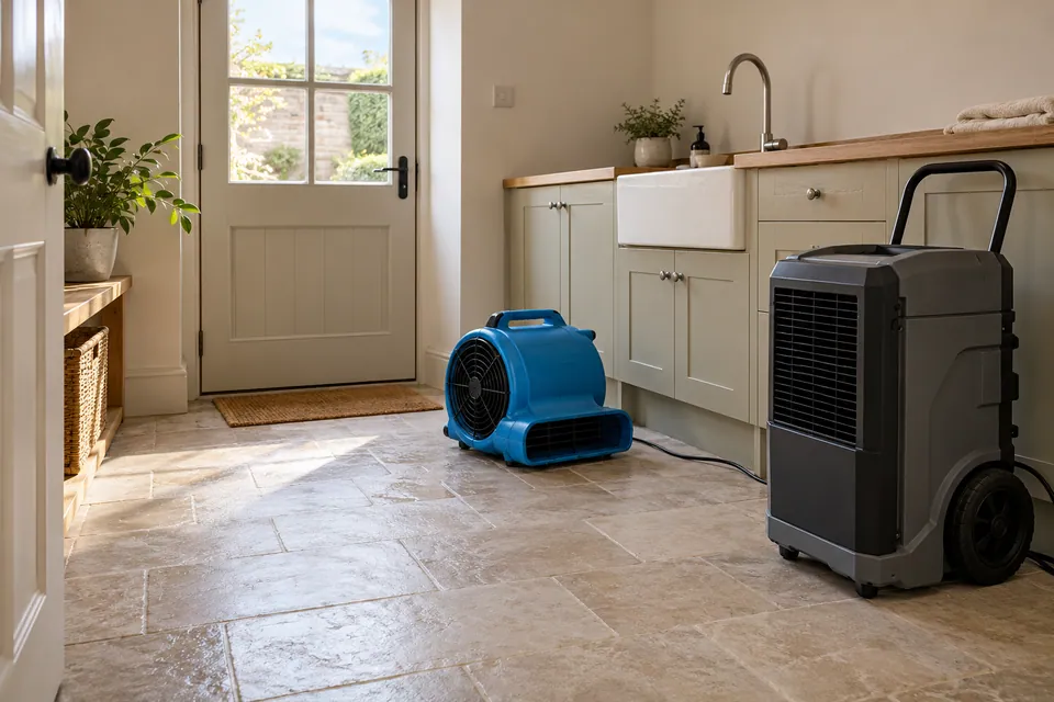 empty utility with air mover and drying unit