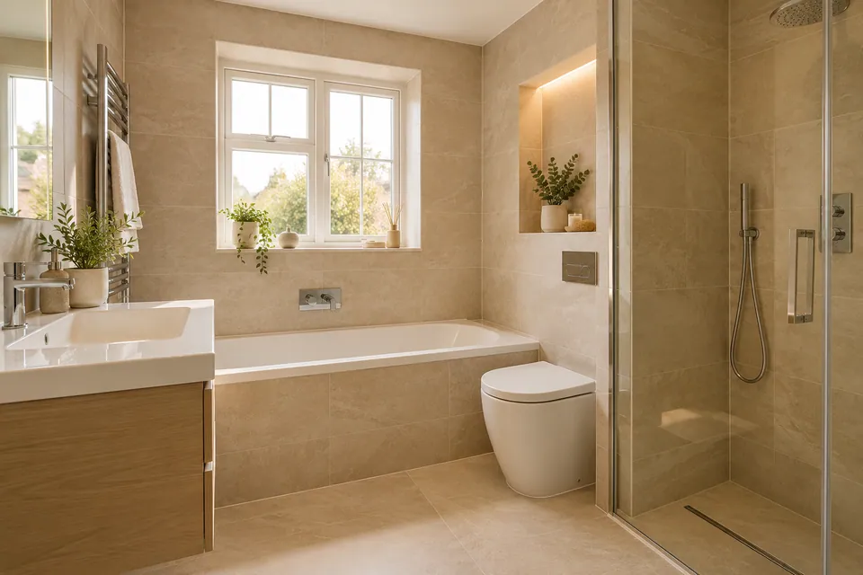 finished bathroom with warm beige tiles