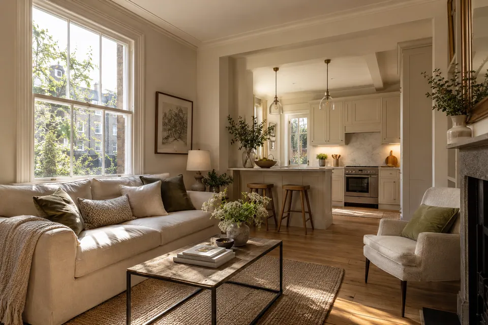 Period living room opening towards a fitted kitchen