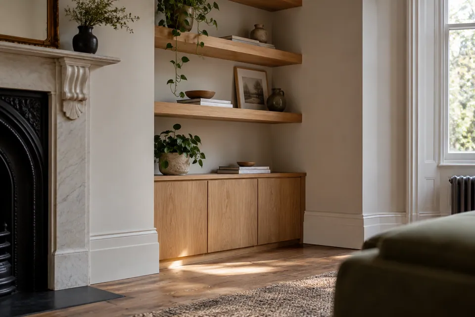 Oak alcove shelves and painted original skirting