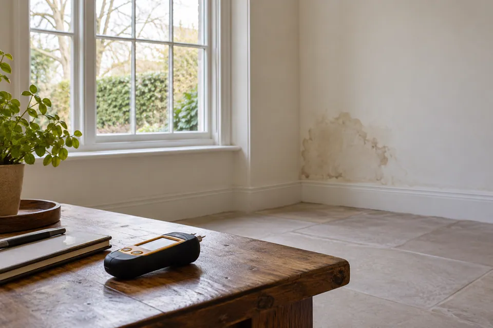 Moisture meter beside a wall with water staining