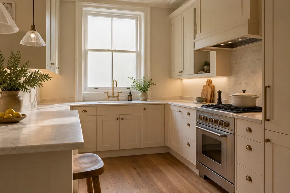 Cream kitchen with timber floor and retained sash window